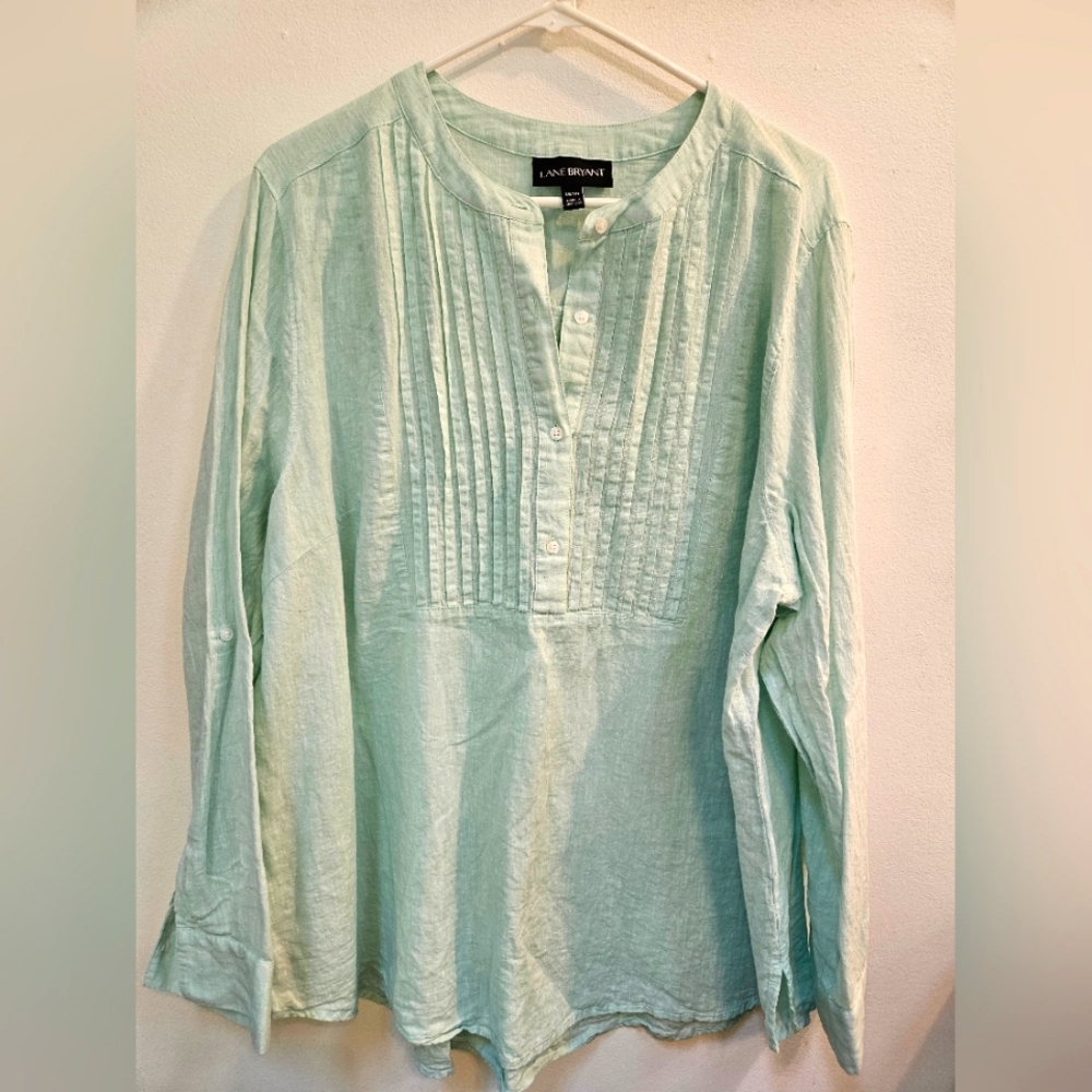 Lane Bryant Popover Blouse Linen Cotton Pintucks Green Coastal Beachy 18/20